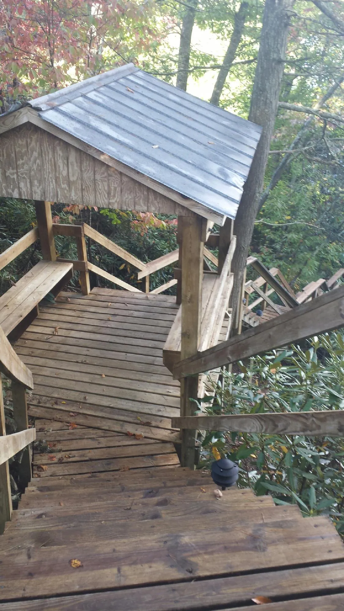 Metal roofed shelter over wooden steps on a wooded walkway — Skylight Repair & Installation work by our crew in Eaton Rapids